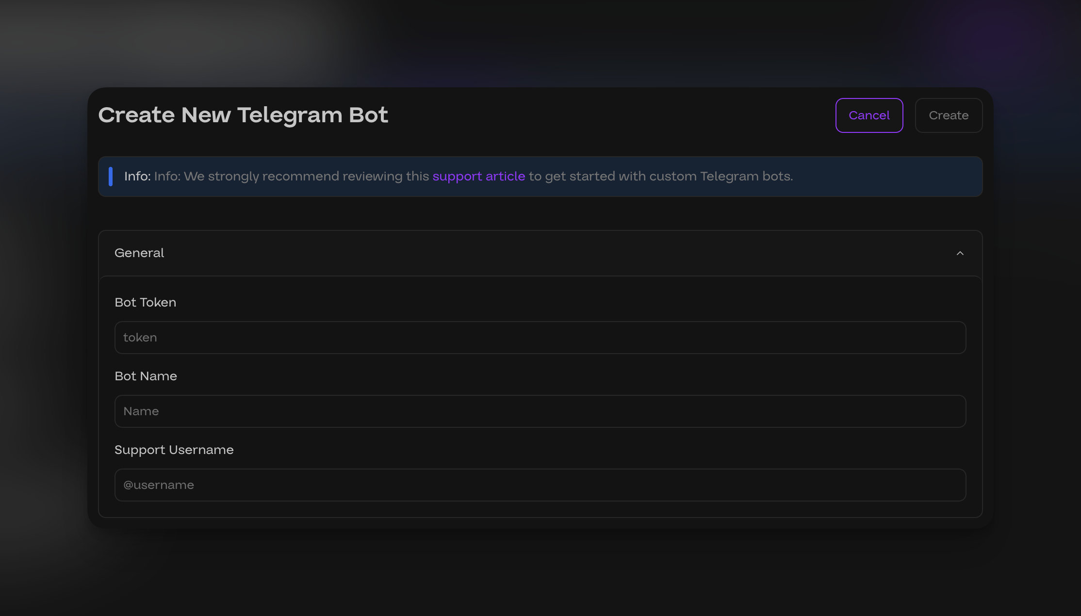 Create a new Telegram bot in the Antistock dashboard