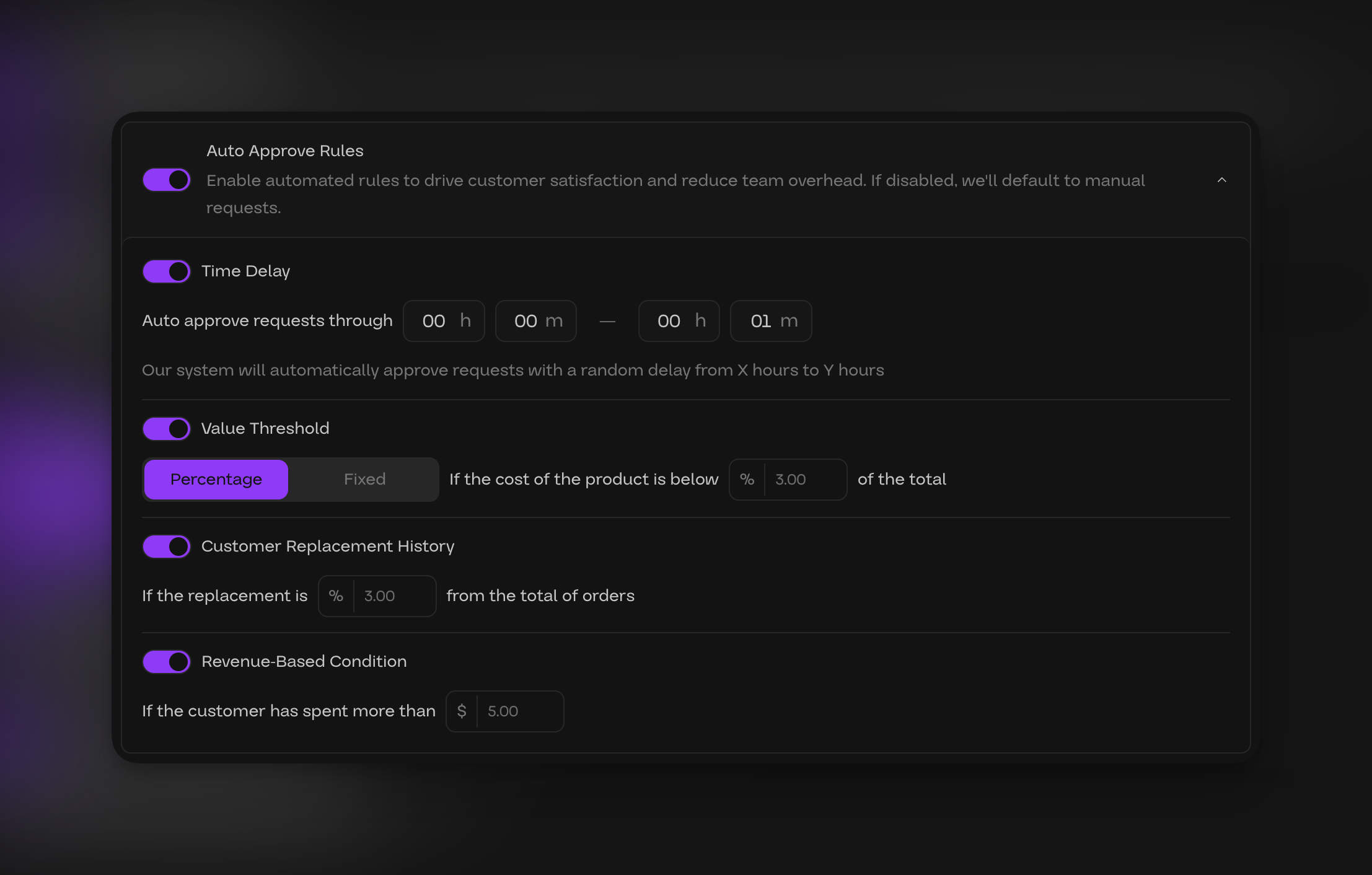 Auto approve settings for replacements