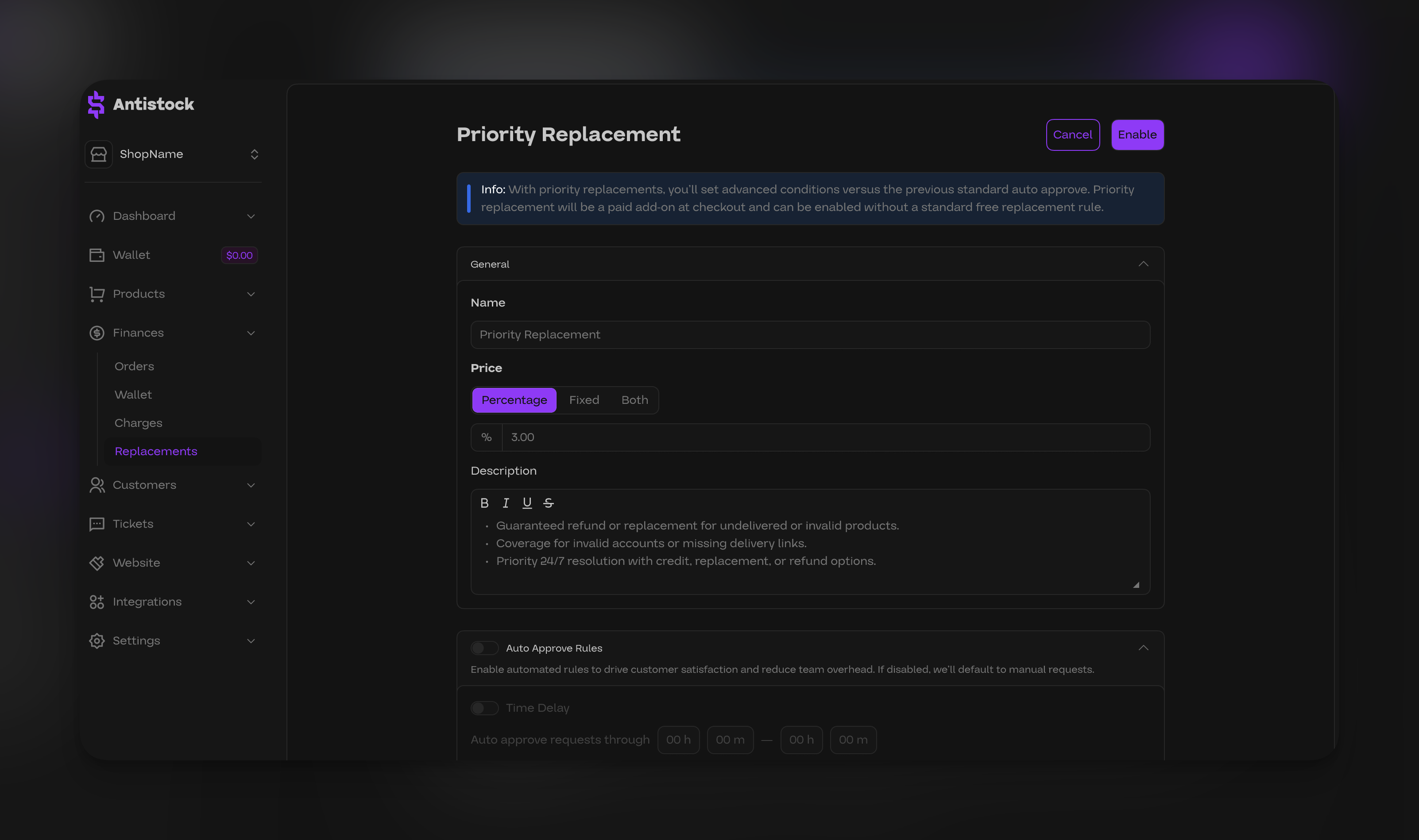 Standard replacement flow for customers